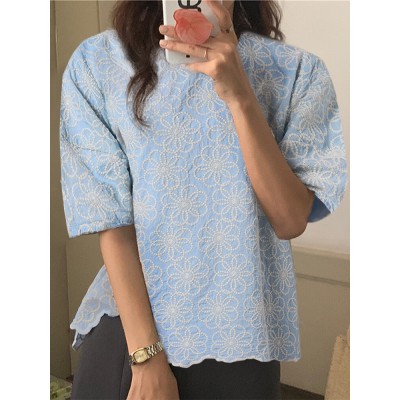 Embroidered Round Neck Puff Sleeve Casual Blouse