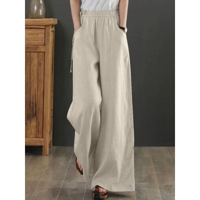 Women Solid Drawstring Waist Pocket Wide Leg Pants