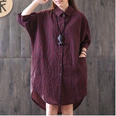 New cotton blended blouse casual Loose Casual Plaid Single Breasted Women Red Shirt