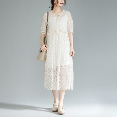 fine long cotton dress oversize lace Lacing Two Pieces Set 12 Sleeve Pleated Dress