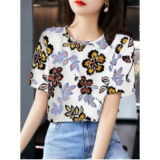 Plant Print Round Neck Short Sleeve Casual Blouse