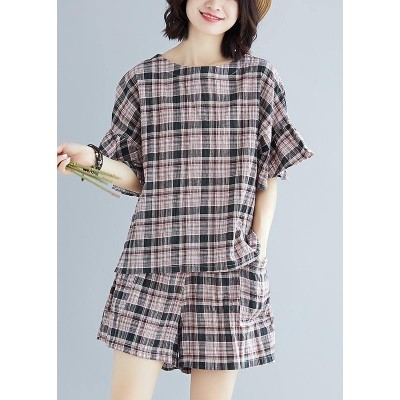 2019 fashion plue size Plaid cotton linen tops and hot pants two pieces summer