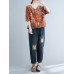 Plant Print Drawstring V Neck Casual Blouse