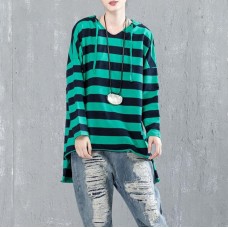 fine cotton blouse Loose fitting Casual Bat Sleeve Hooded Stripe Shirt