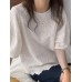 Embroidered Round Neck Puff Sleeve Casual Blouse